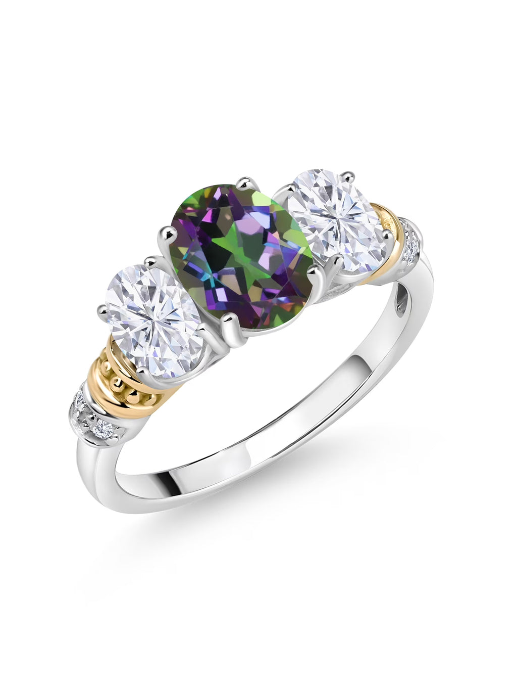 Oval Green Mystic Topaz White Moissanite and White Diamond 3 Stone Ring H484674