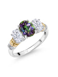 Oval Green Mystic Topaz White Moissanite and White Diamond 3 Stone Ring H484674