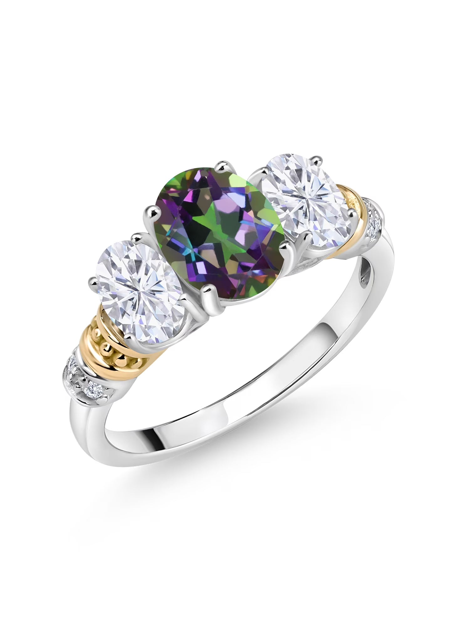Oval Green Mystic Topaz White Moissanite and White Diamond 3 Stone Ring H484674