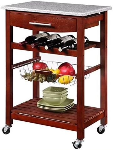 Pine Wood Granite Top Rolling Microwave Kitchen Island Cart with Storage Q44838