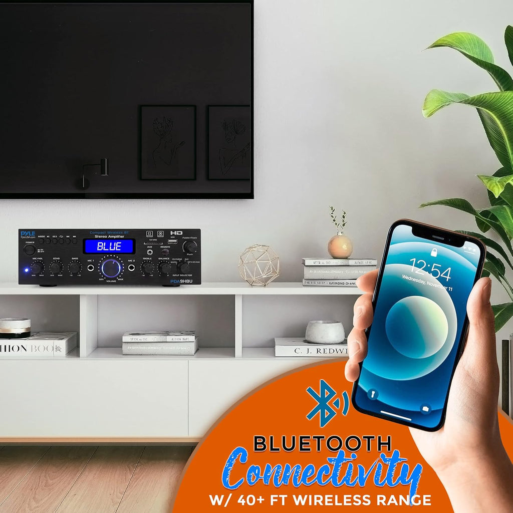 Pyle PDA9HBU.5 Wireless Bluetooth Stereo Amplifier, 200 Watt, HDMI, Optical, Phono, Coaxial, FM Radio, USB, SD, AUX, RCA, Mic, Remote Z999