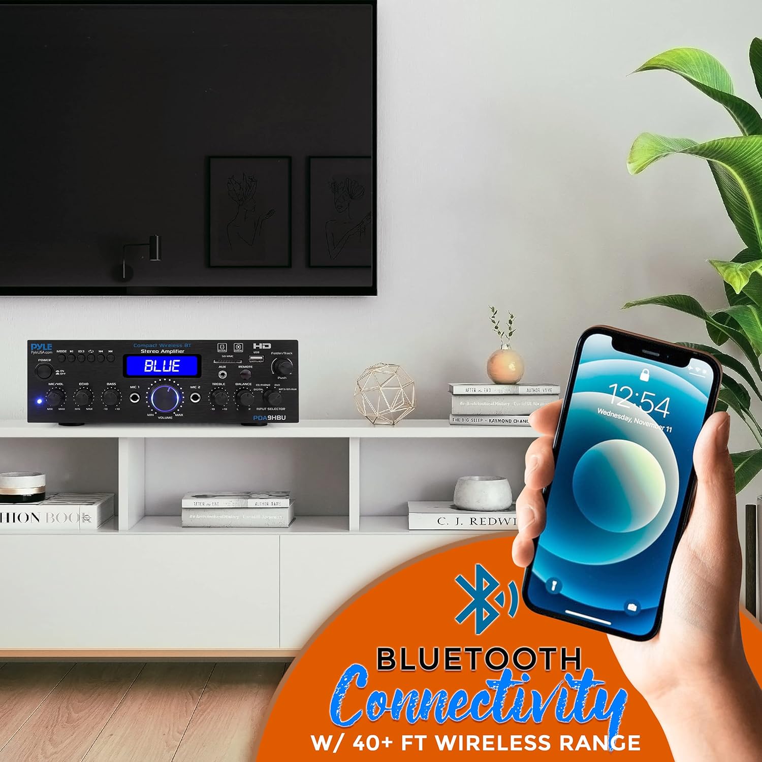 Pyle PDA9HBU.5 Wireless Bluetooth Stereo Amplifier, 200 Watt, HDMI, Optical, Phono, Coaxial, FM Radio, USB, SD, AUX, RCA, Mic, Remote Z999