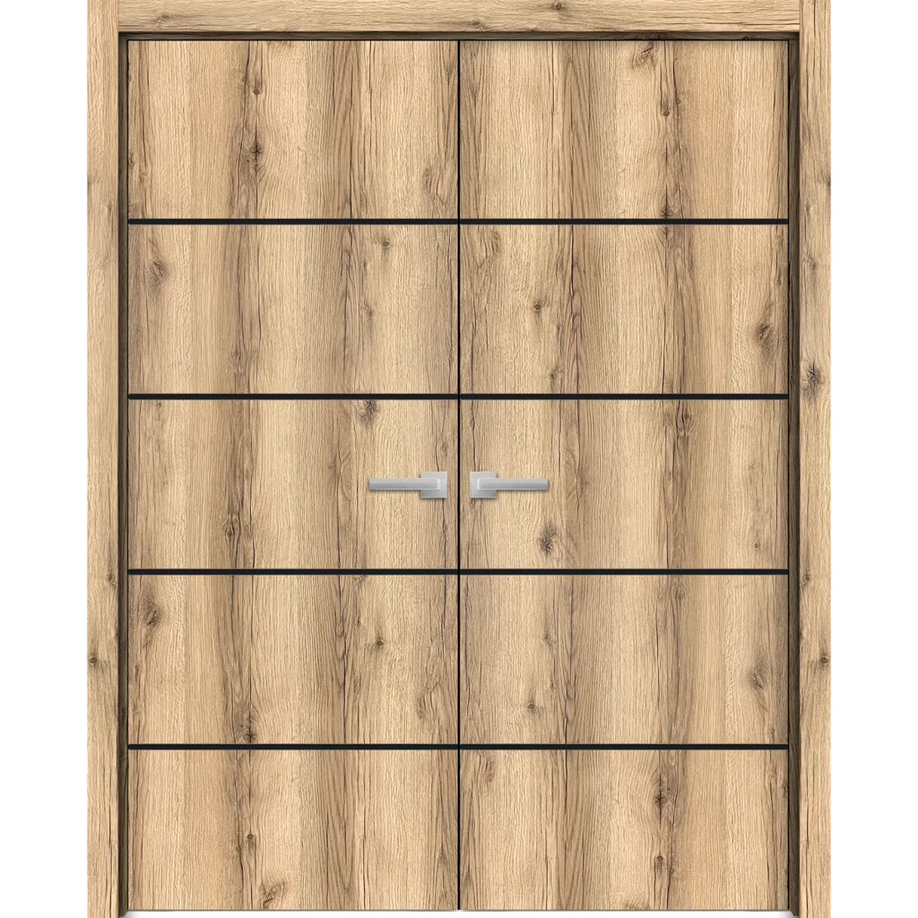 Solid French Double Doors 48 x 80 inches Oak with Frosted Glass Wood Solid Panel Frame Trims X306