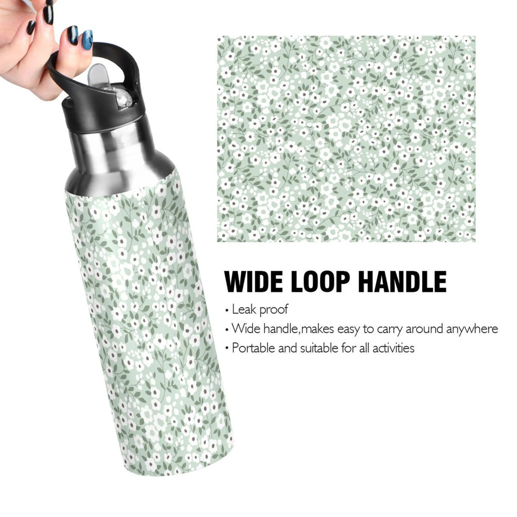 White Floral Green 20 OZ Stainless Steel Water Bottle with Straw Lid T784215