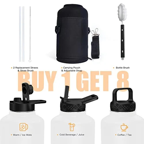 64 oz Insulated Stainless Steel Water Bottle with Straw and 3 Lids G61542