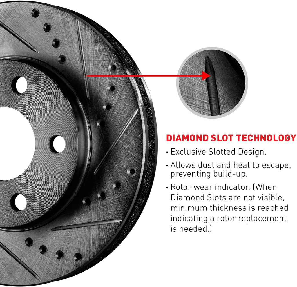 Front Black Drilled and Slotted Brake Rotors with Semi-Metallic Brake Pads R7017