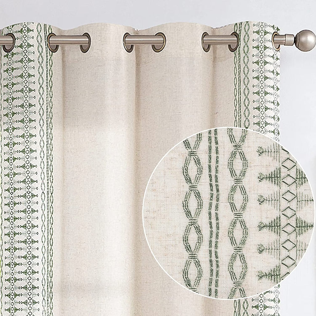 Sage on Beige Semi Sheer Linen Curtains 84 Inch Grommet 2 Panels A446552