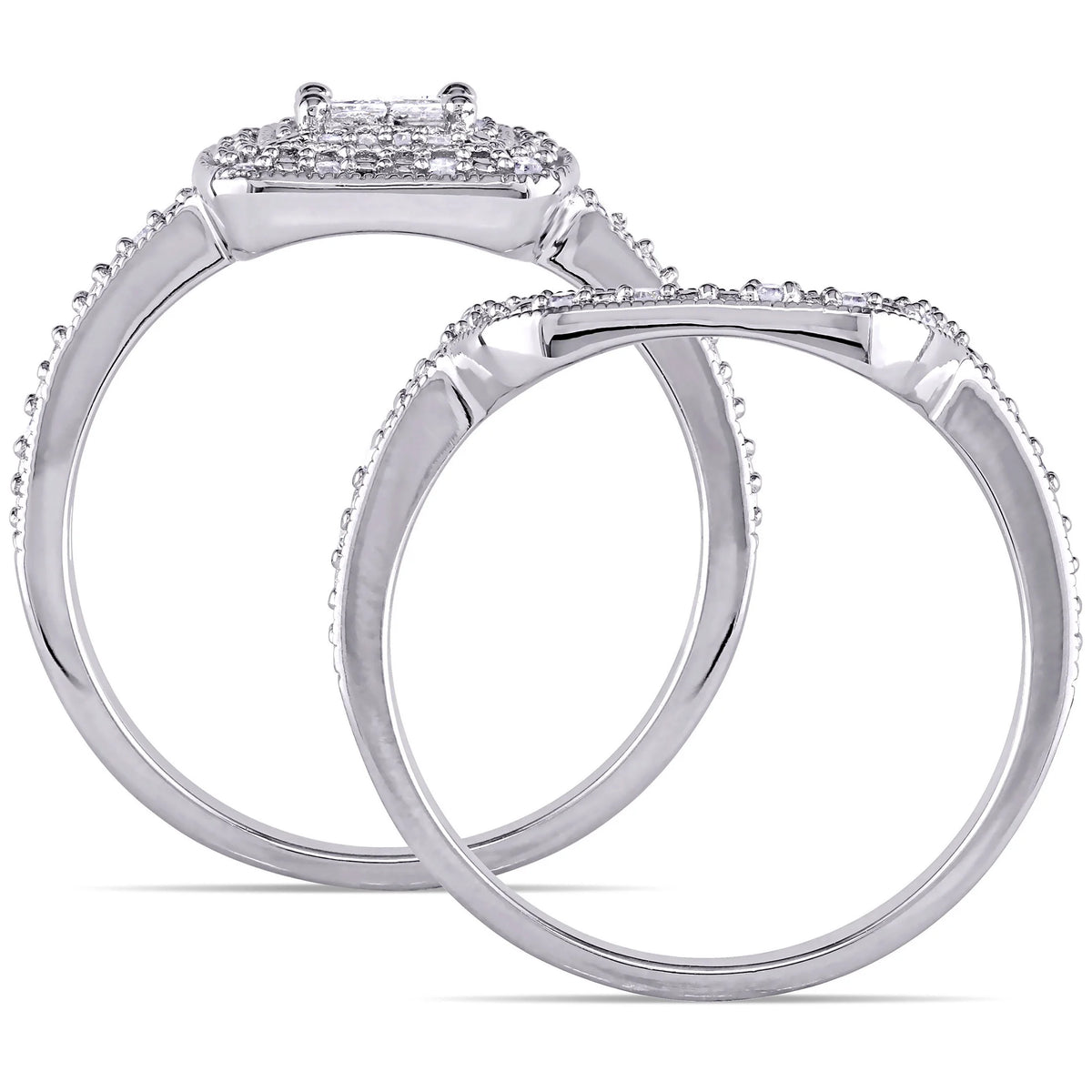 Bridal Set with Princess and Round-Cut Diamond Sterling Silver Halo Set E320