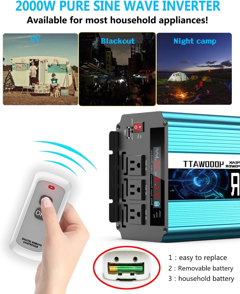 2000W Pure Sine Wave Power Inverter 12V DC to AC 110V/120V Converter with LCD Display R2008