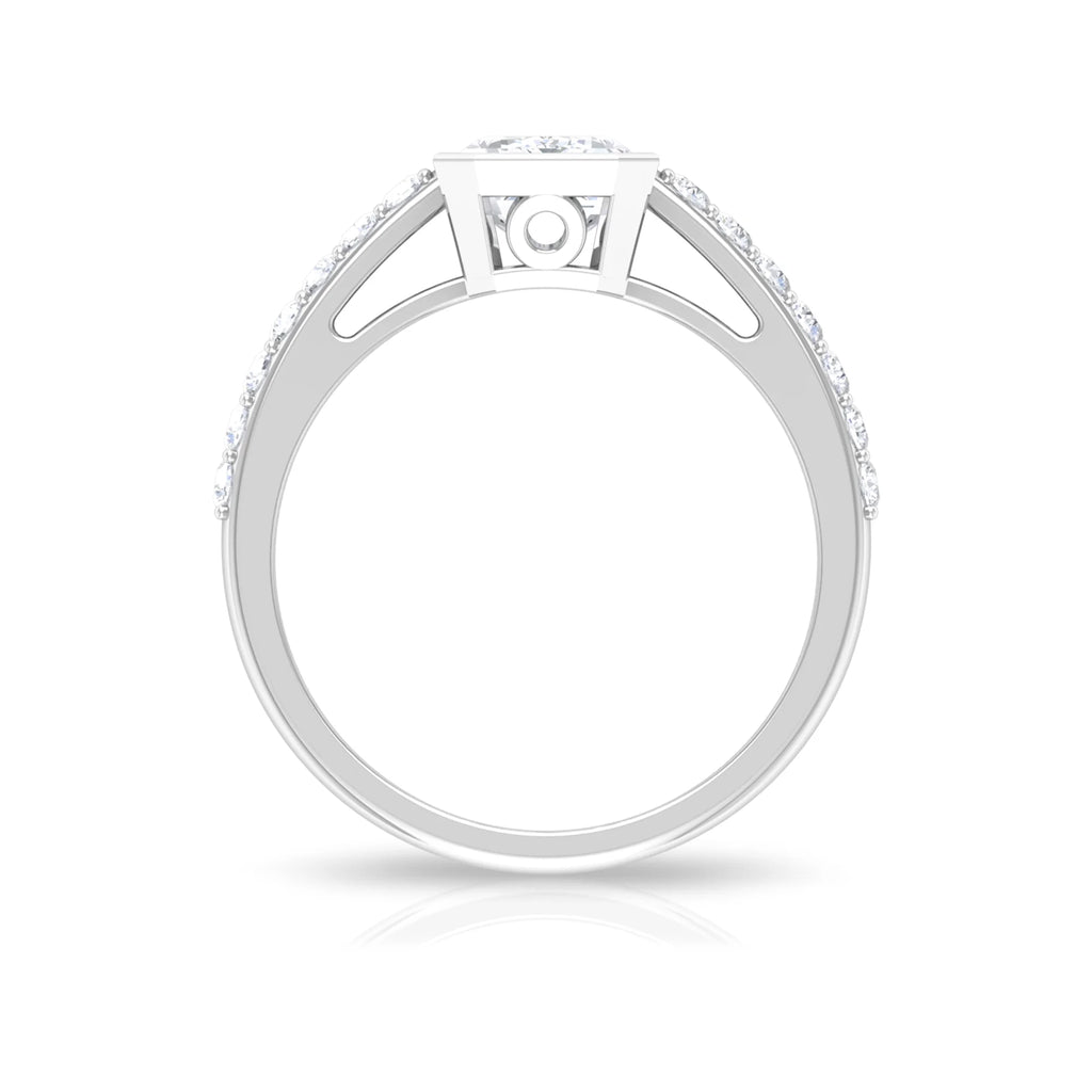 Octagon Cut Moissanite Solitaire Ring in Bezel Setting with Surface Side Stones, 10K White Gold, US 3.50 M2489