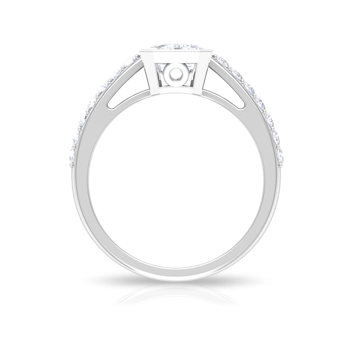Octagon Cut Moissanite Solitaire Ring in Bezel Setting with Surface Side Stones, 10K White Gold, US 3.50 M2489