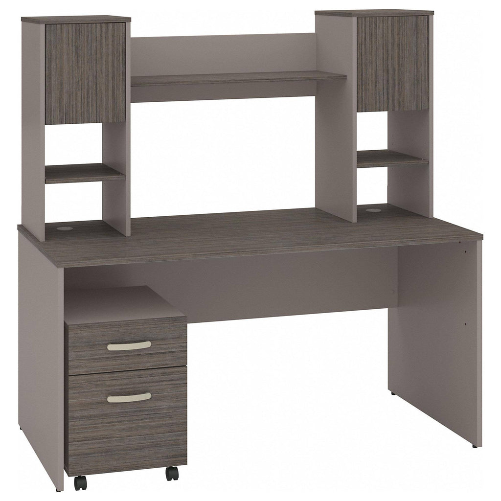 60W Office Desk with Hutch and Mobile File Cabinet in Cocoa and Pewter H9261