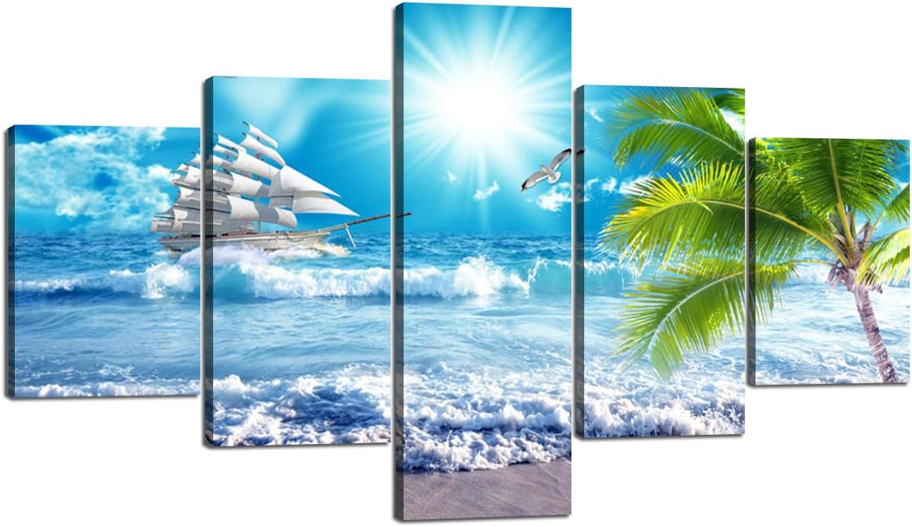Blue Clear Ocean Seascape Canvas Wall Art with Frame 50''Wx24''H F7088