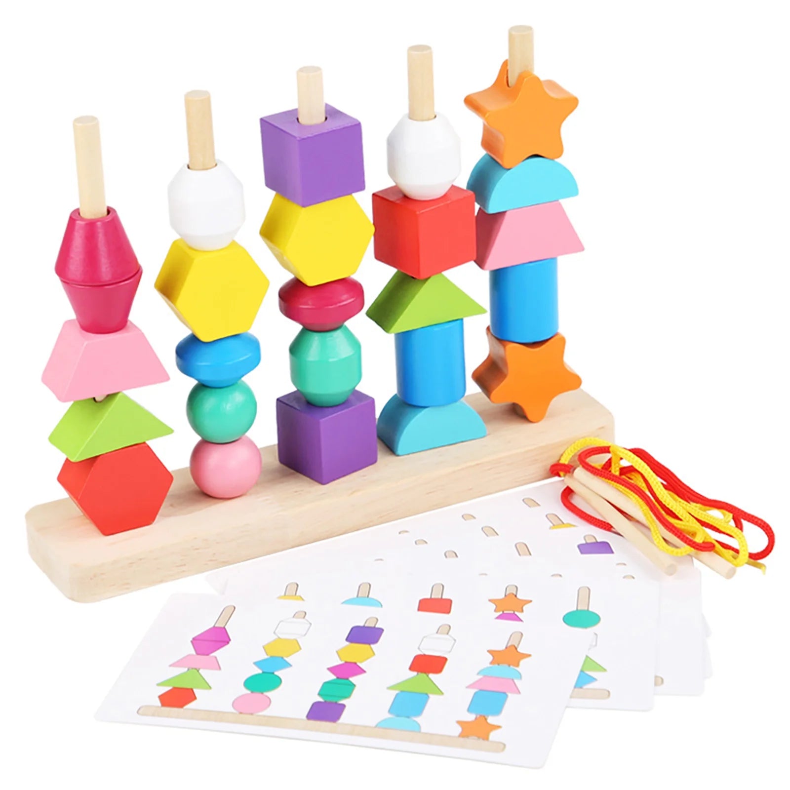 Wooden Stacking Blocks Lacing Beads Shape Matching Toy B43617