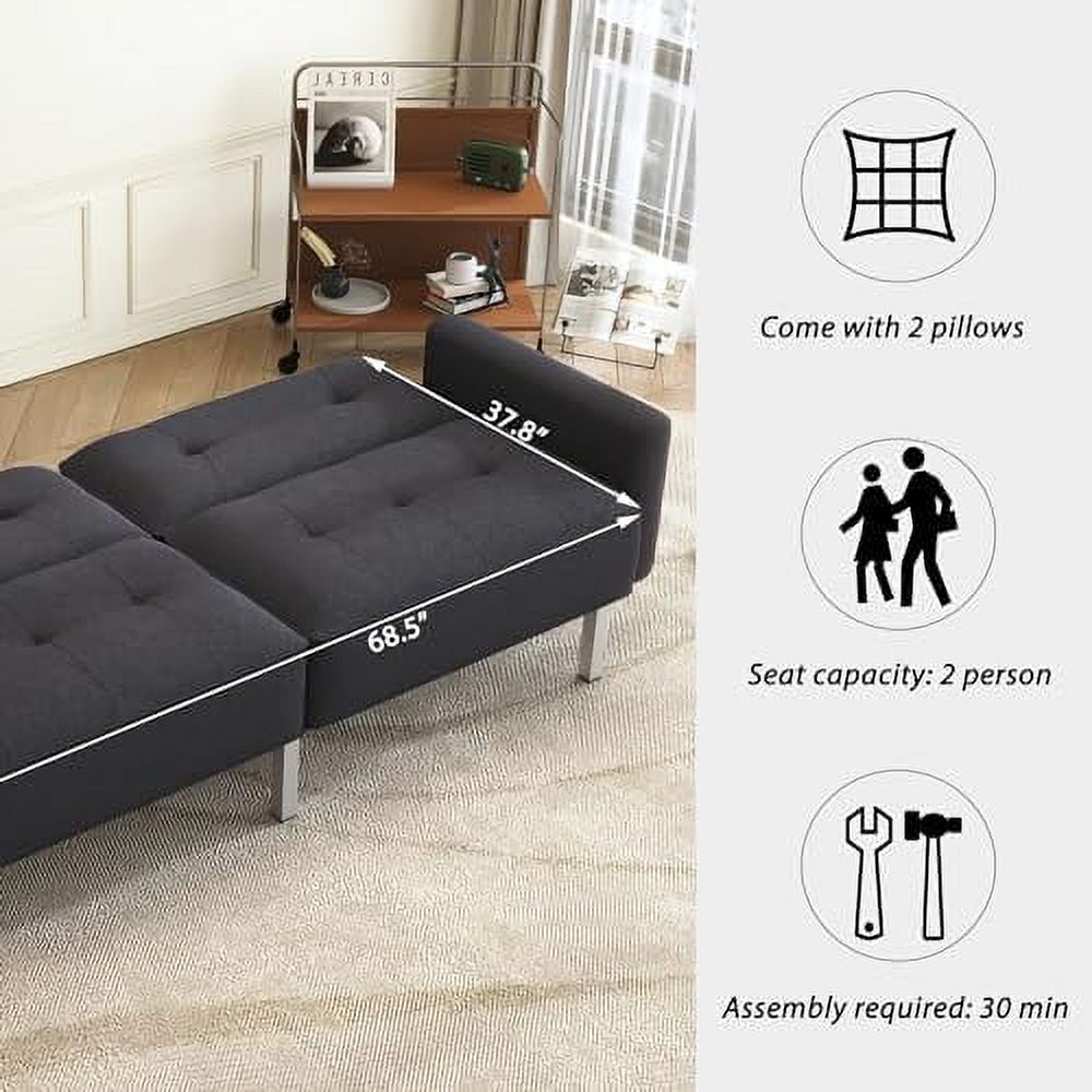 Black Linen Fabric Convertible Futon Sofa Bed with Metal Legs M859