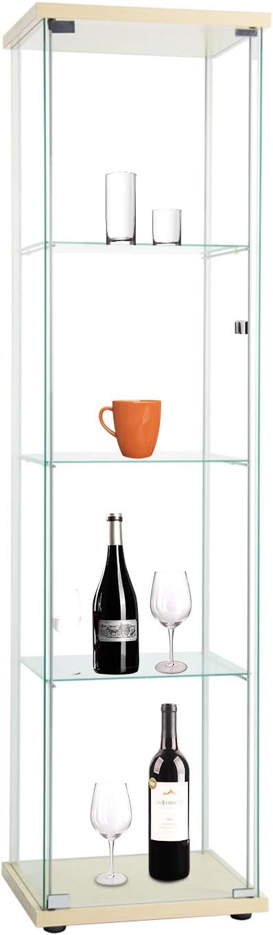 Curio Cabinet with Glass Doors 4 Shelves Glass Display Cabinet, 64”x 17”x 14.5”, Nature Wood A84986
