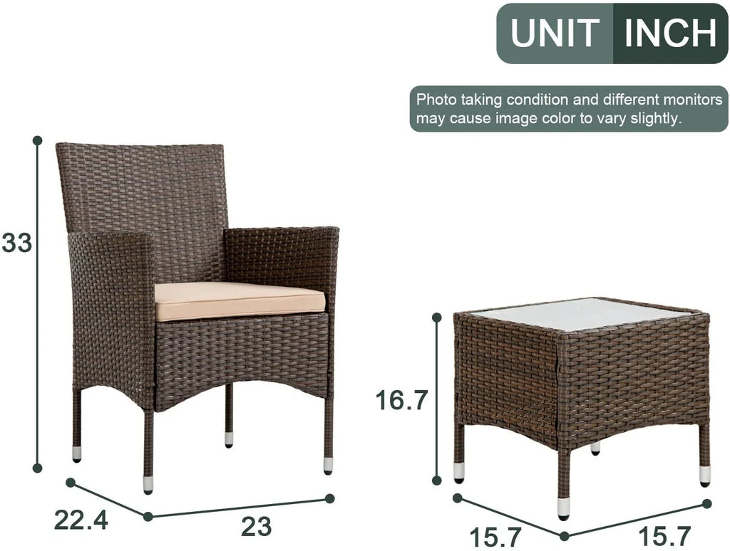 3 Pieces Wicker Bistro Set with Khaki Cushion Steel Frame H88682