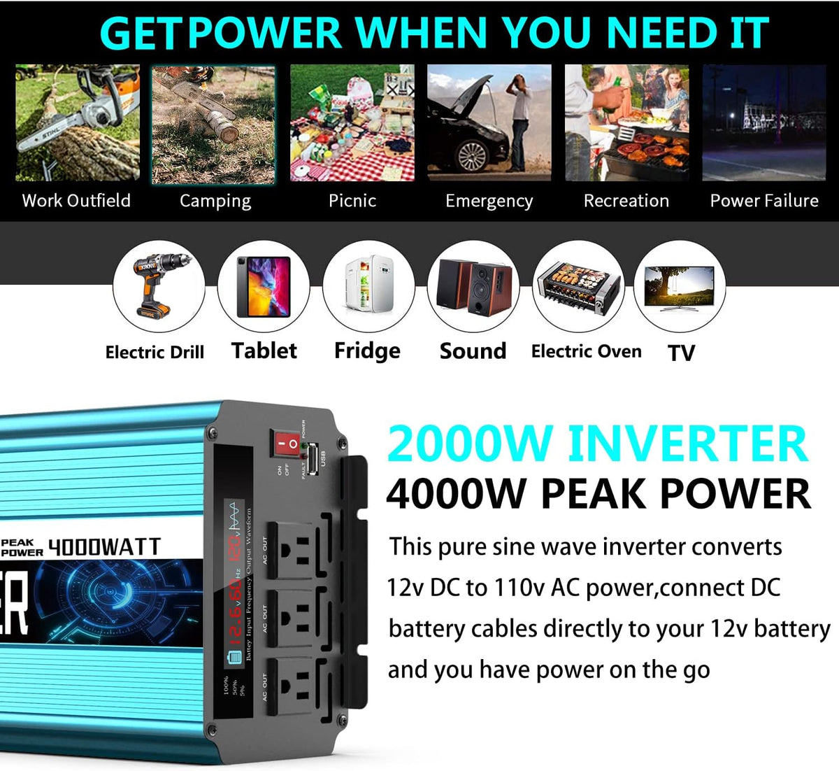 2000W Pure Sine Wave Power Inverter 12V DC to AC 110V/120V Converter with LCD Display R2008