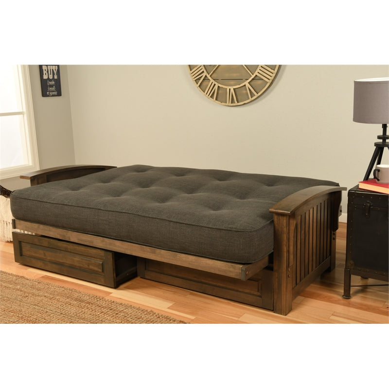 Walnut Futon with Drawers and Linen Gray Mattress J394