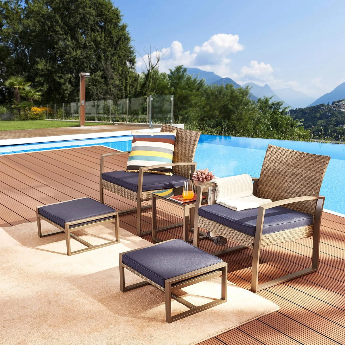 Blue 5 Piece PE Wicker Rattan Outdoor Bistro Set with Tempered Glass Coffee Table V11514