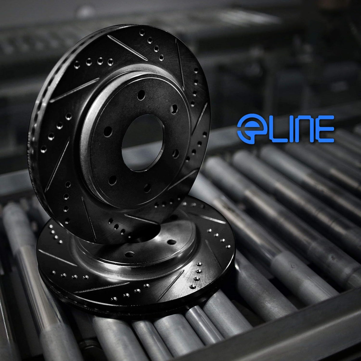 Front Black Drilled and Slotted Brake Rotors with Semi-Metallic Brake Pads R7017