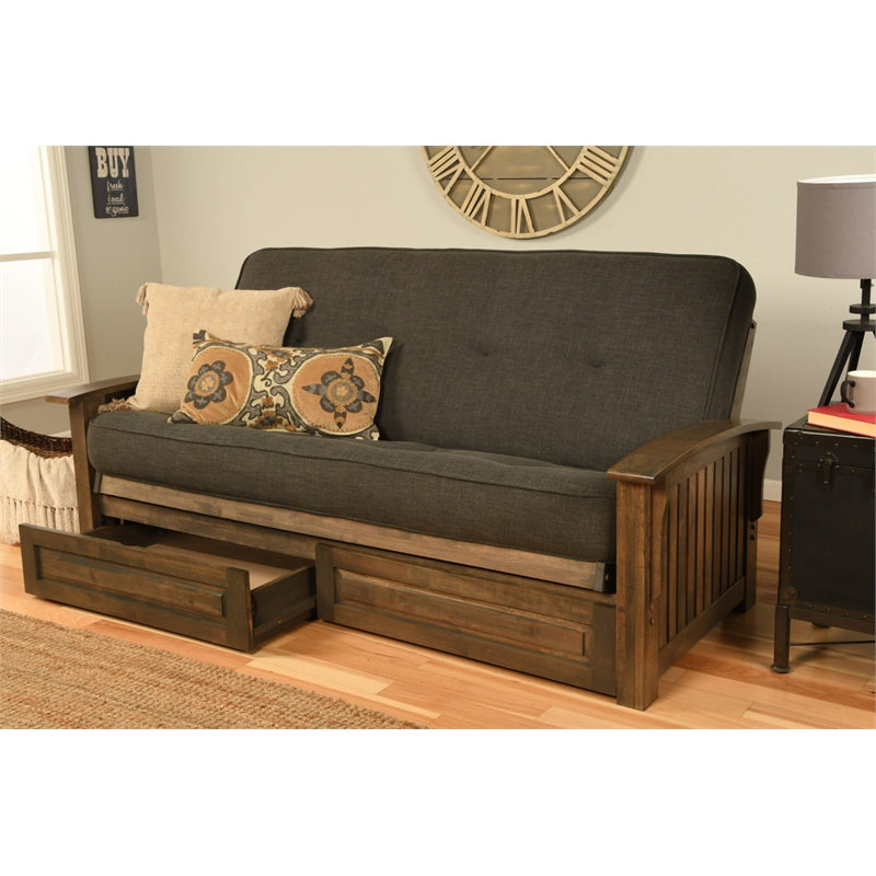 Walnut Futon with Drawers and Linen Gray Mattress J394