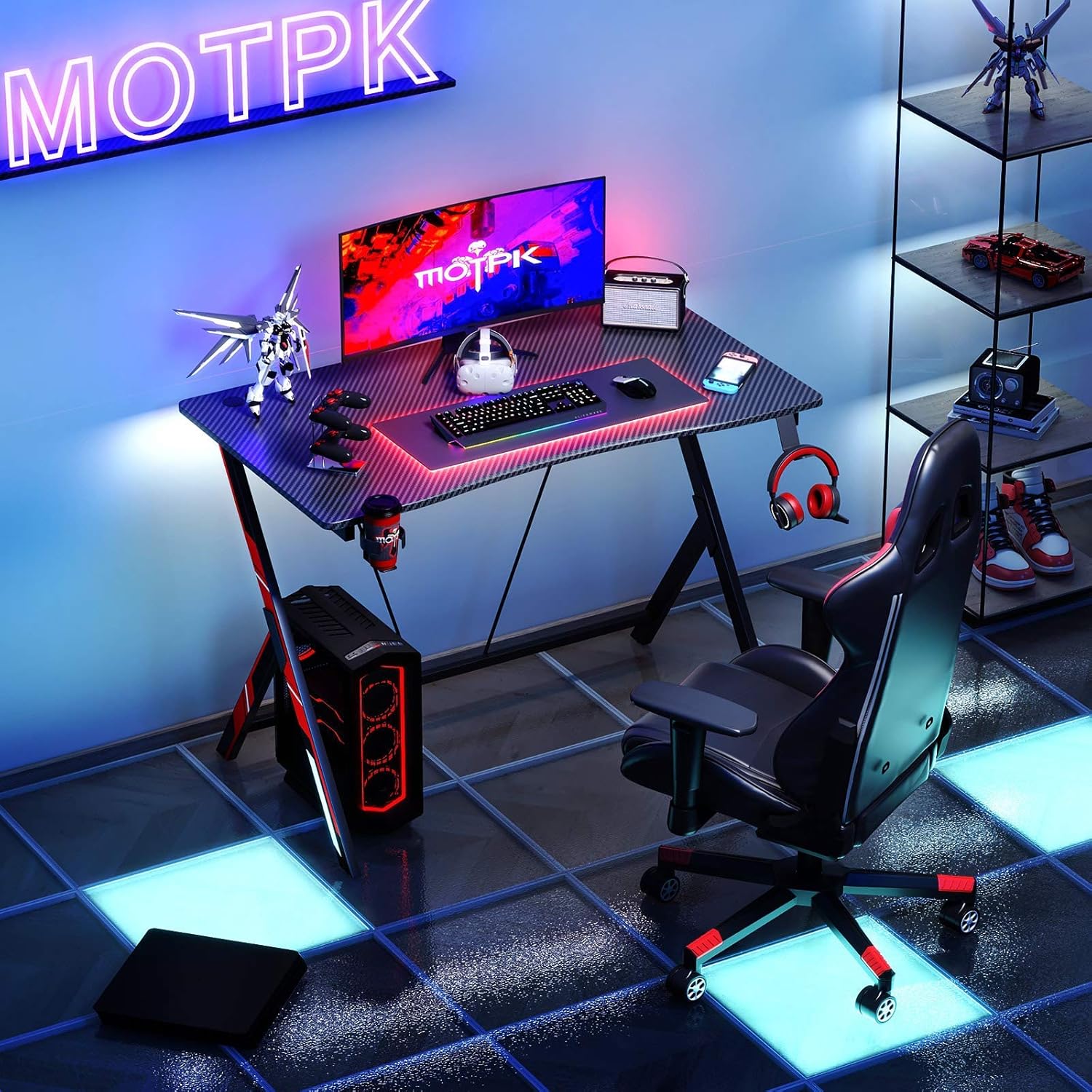 31 inch Gaming Desk with Carbon Fiber Surface and Headphone Hook and Cup Holder V64255