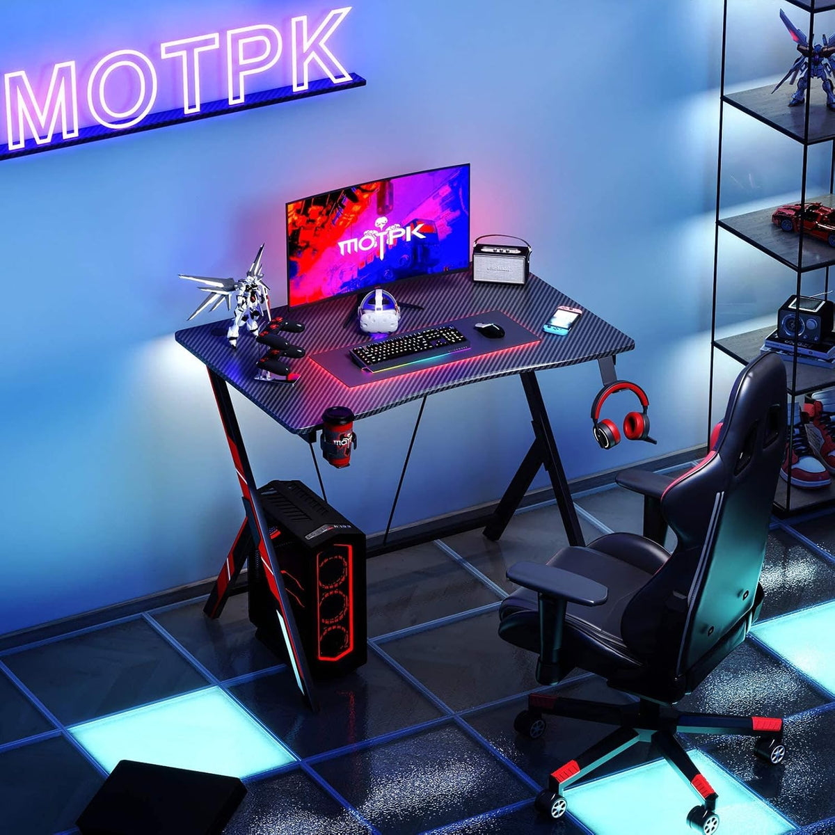 31 inch Gaming Desk with Carbon Fiber Surface and Headphone Hook and Cup Holder V64255