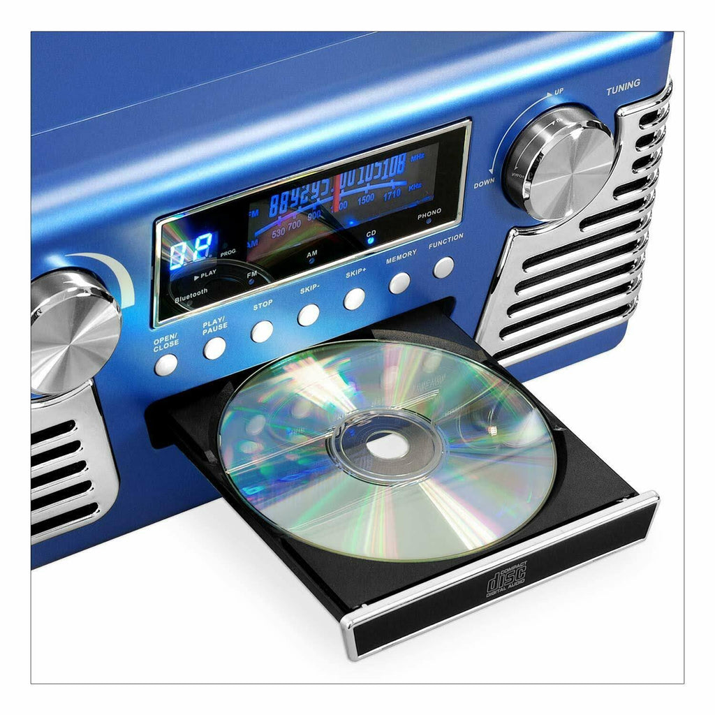 Blue 3-Speed Bluetooth Turntable with CD Player and Speakers C409
