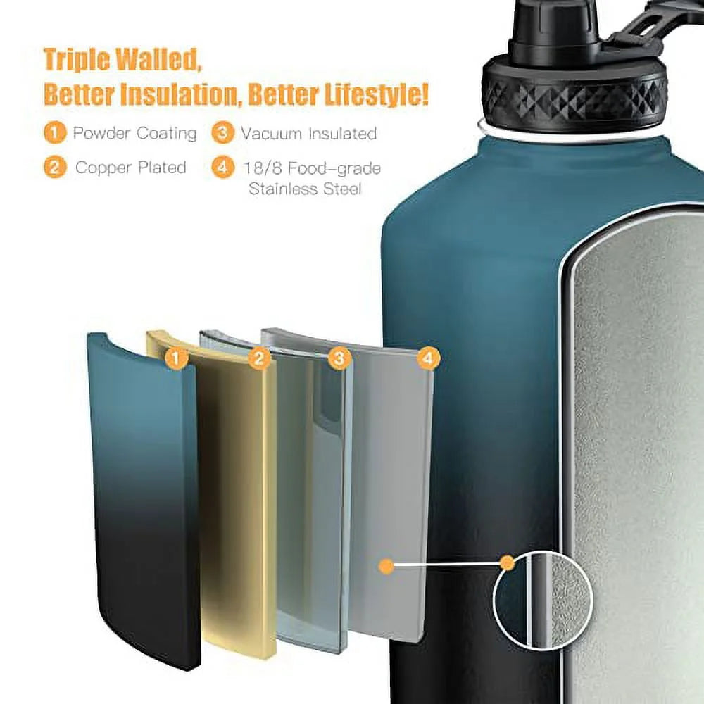 64 oz Insulated Stainless Steel Water Bottle with Straw and 3 Lids G61542