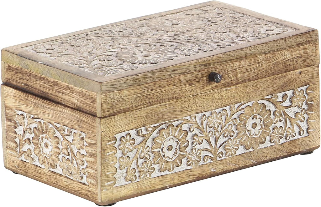 Natural Rectangular Carved Floral Wooden Boxes with Lid Set of 3 I648420