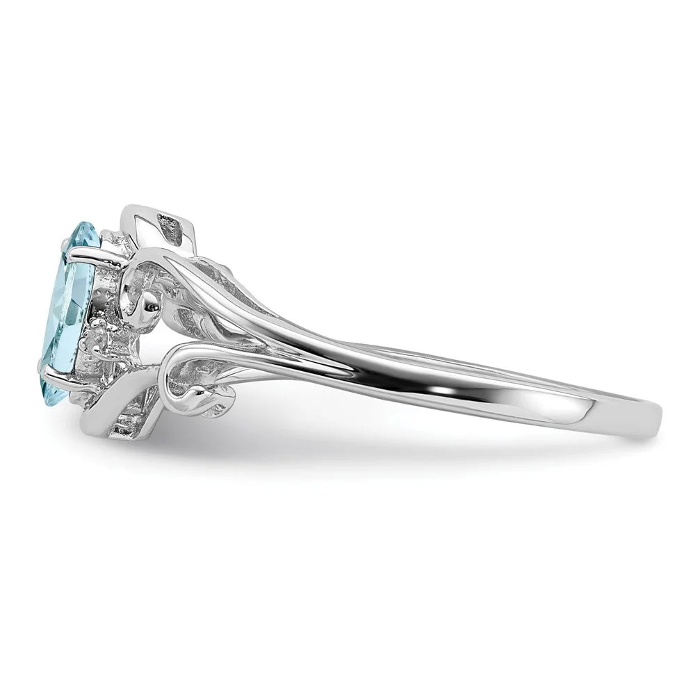 Rhodium Plated Diamond & Aquamarine Oval Ring Q5324