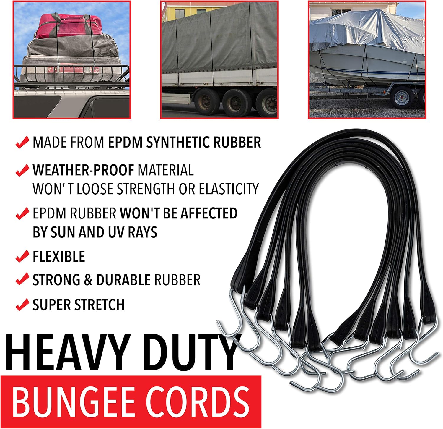 30 Pack Rubber Bungee Cords 21 Long EPDM with Crimped Hooks R573090