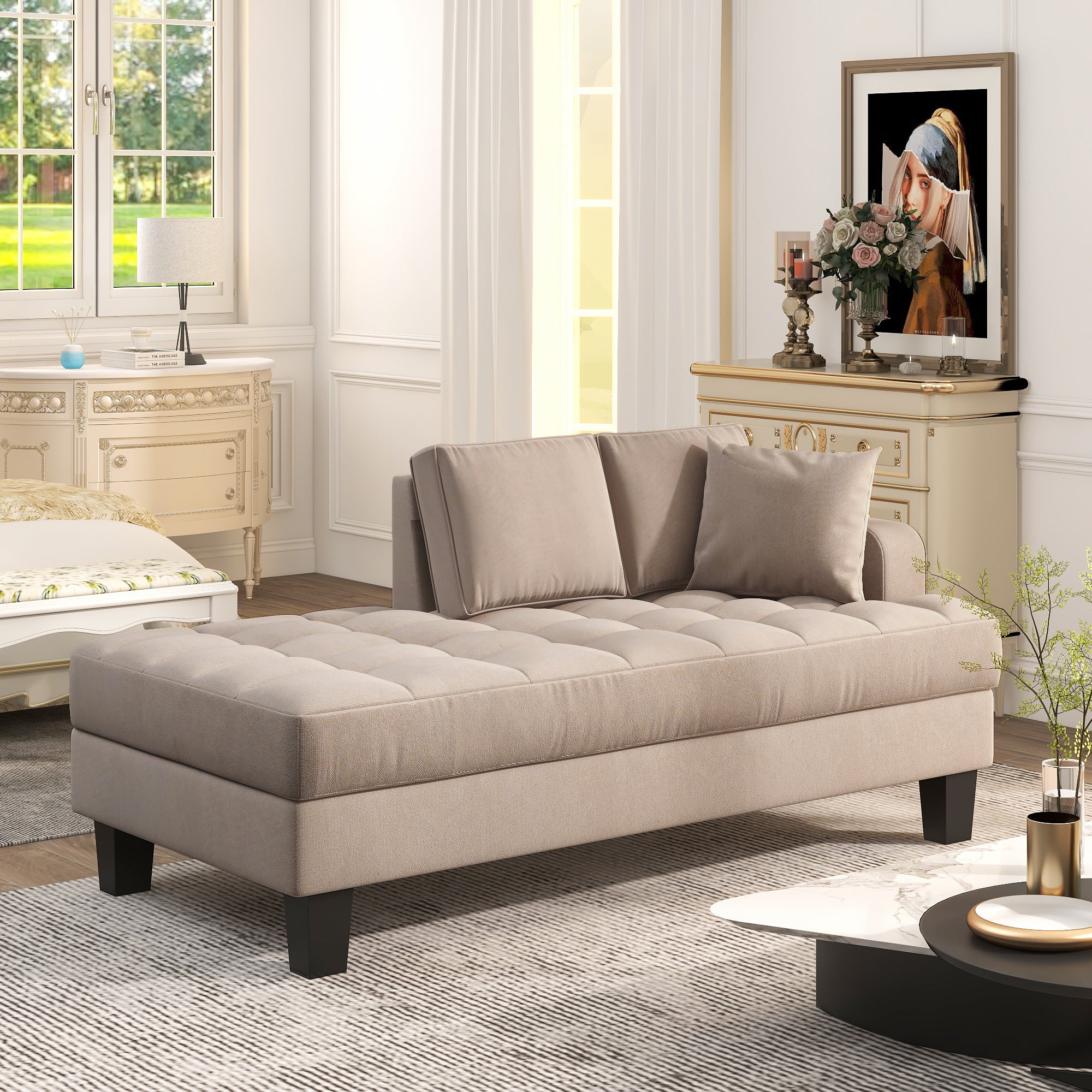 Warm Grey Tufted Fabric Chaise Lounge with Toss Pillow T929593