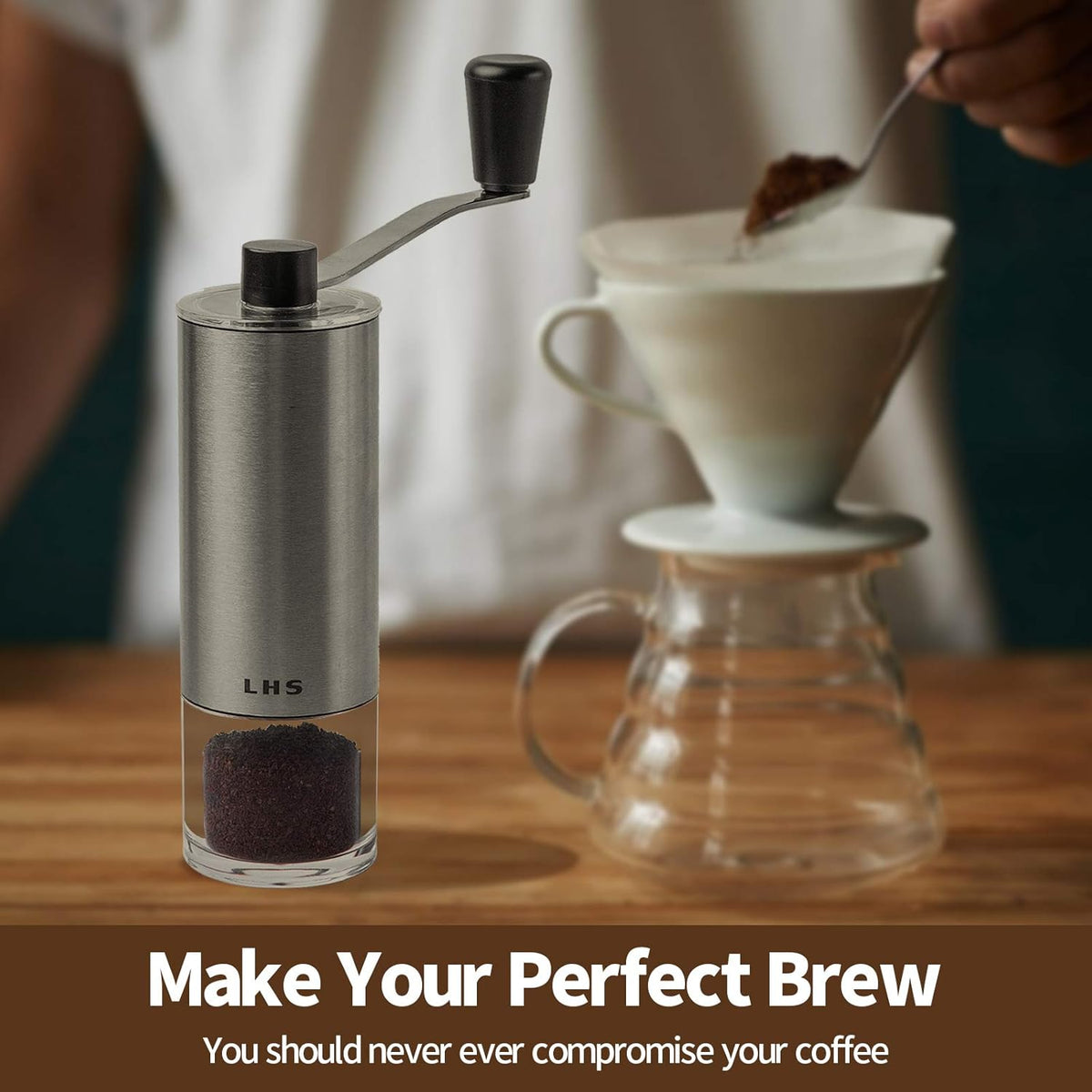 Manual Coffee Grinder with Adjustable Setting Ceramic Burr & Scale Cup Stainless Steel Coffee Mill S779