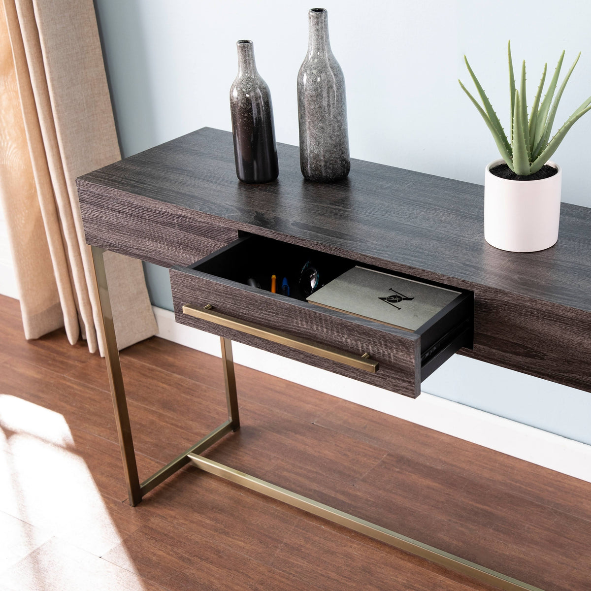 Black Oak Antique Brass Console Table with Storage W59766