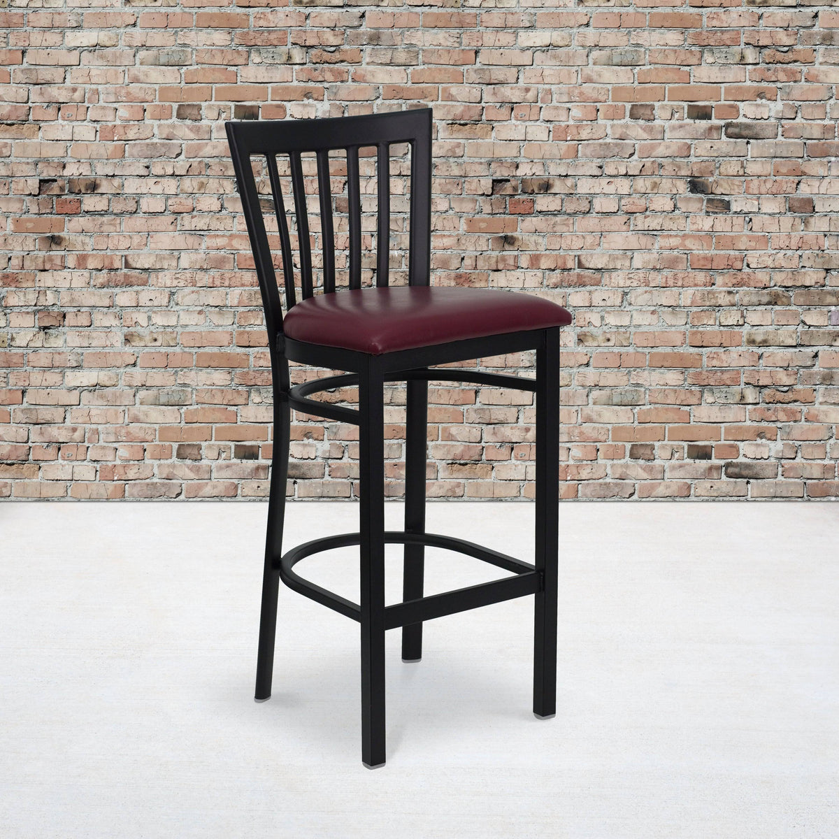 Black School House Back Metal Bar Stool with Burgundy Vinyl Seat I7166