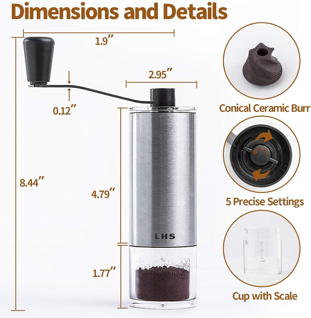 Manual Coffee Grinder with Adjustable Setting Ceramic Burr & Scale Cup Stainless Steel Coffee Mill S779