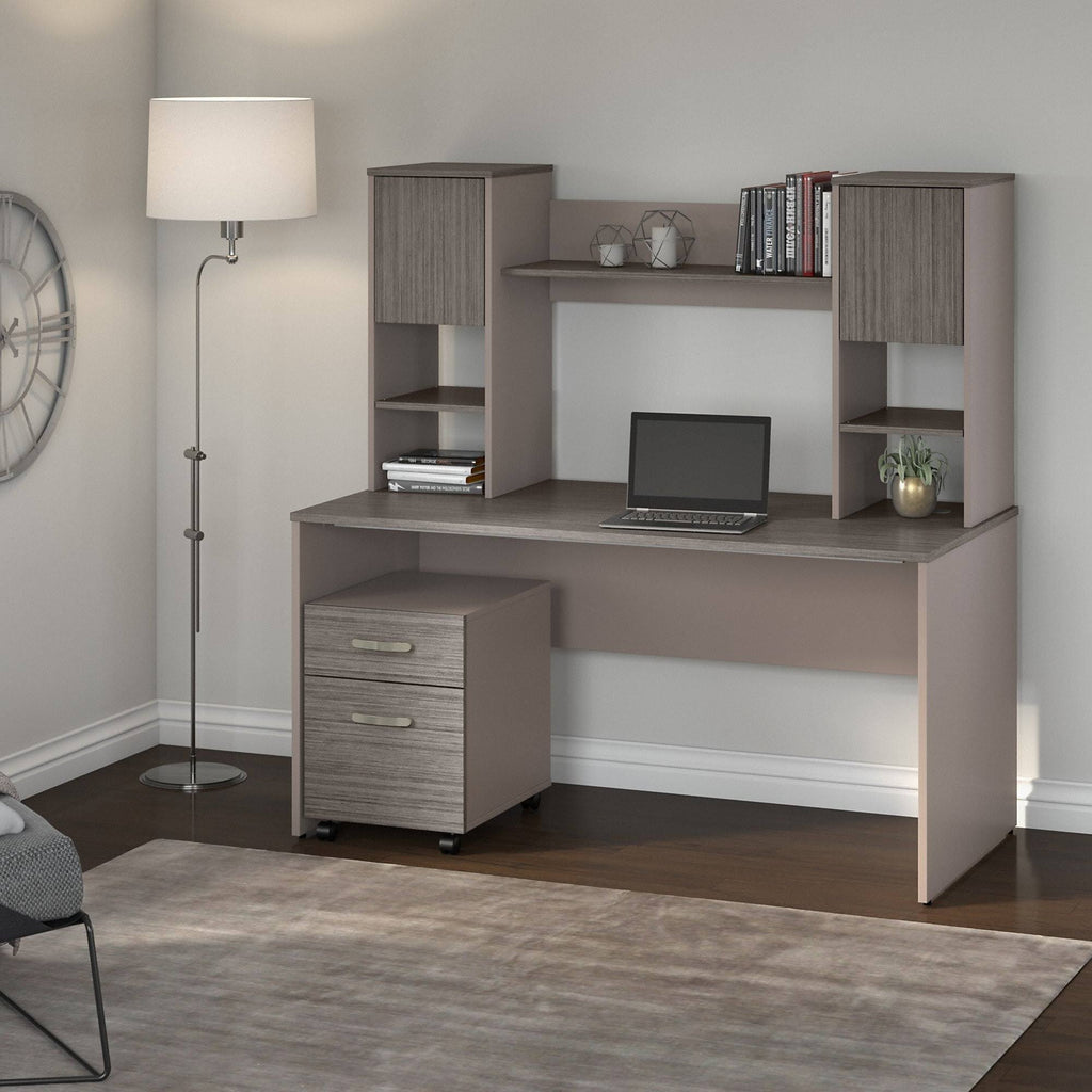 60W Office Desk with Hutch and Mobile File Cabinet in Cocoa and Pewter H9261
