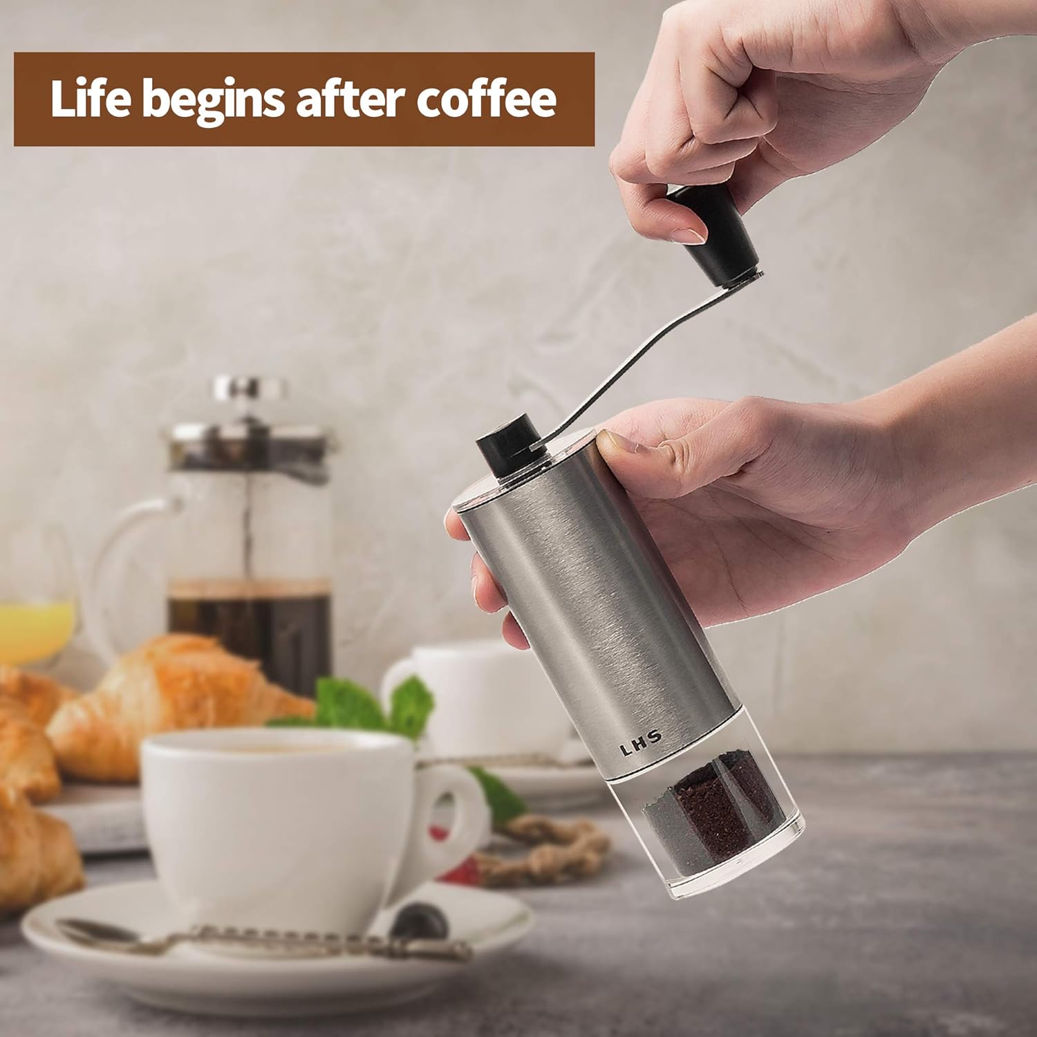Manual Coffee Grinder with Adjustable Setting Ceramic Burr & Scale Cup Stainless Steel Coffee Mill S779