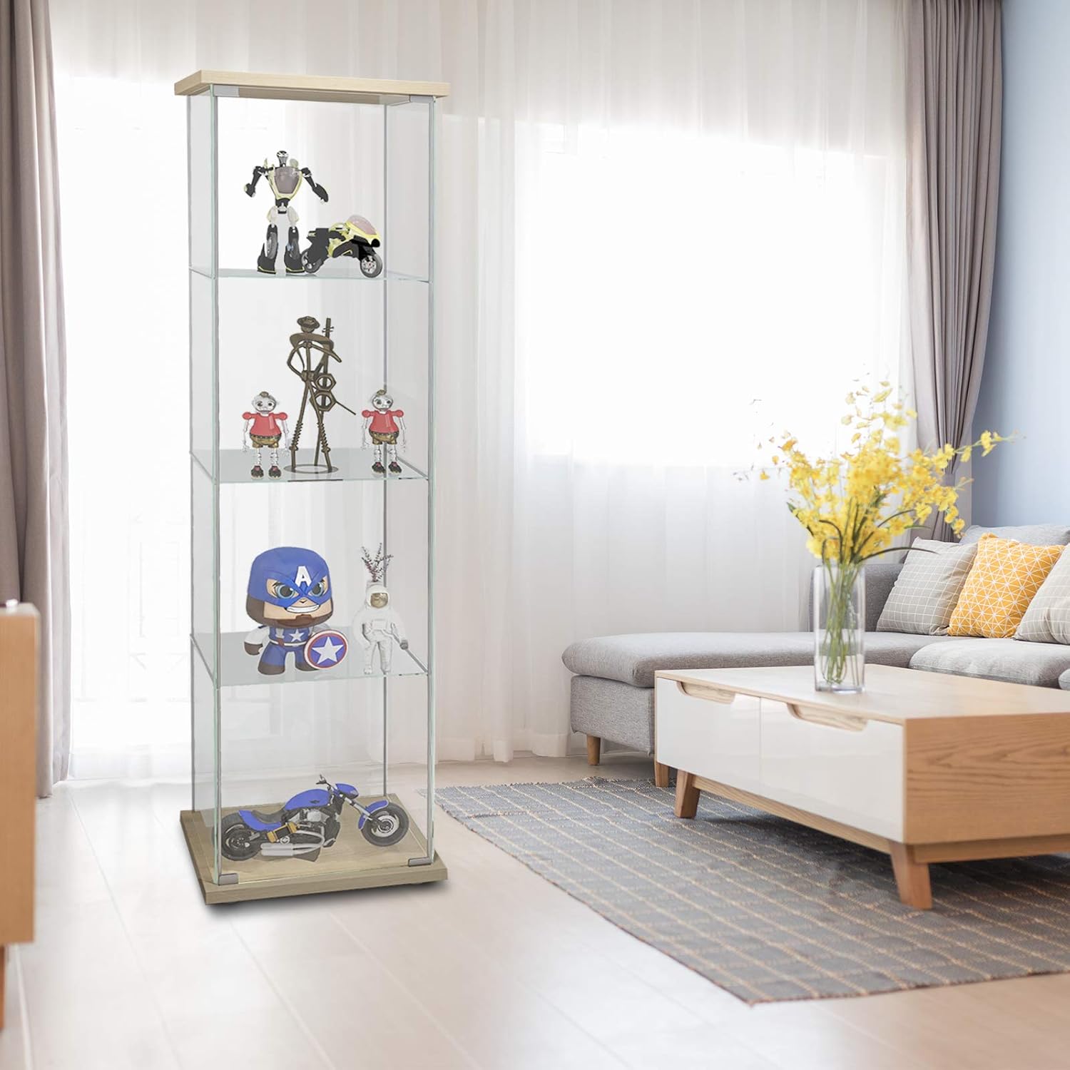 Curio Cabinet with Glass Doors 4 Shelves Glass Display Cabinet, 64”x 17”x 14.5”, Nature Wood A84986