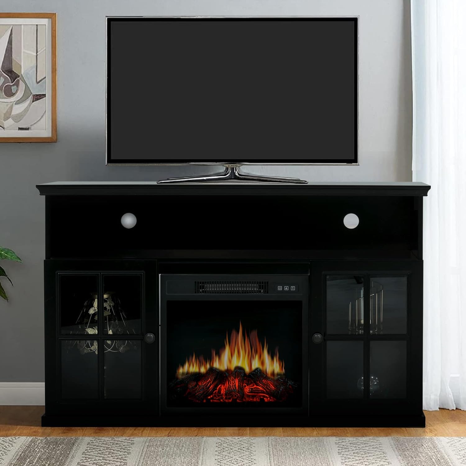 Black Fireplace TV Stand with Insert Fireplace and Adjustable Shelves F58129