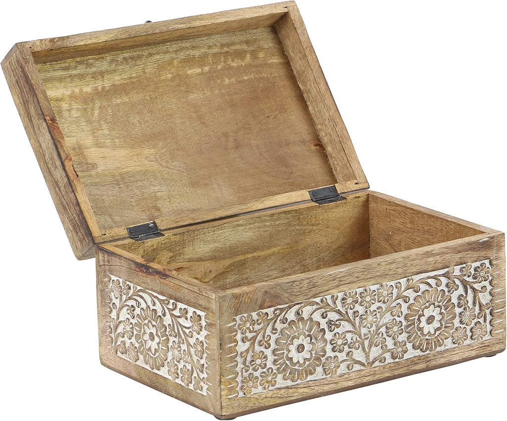 Natural Rectangular Carved Floral Wooden Boxes with Lid Set of 3 I648420