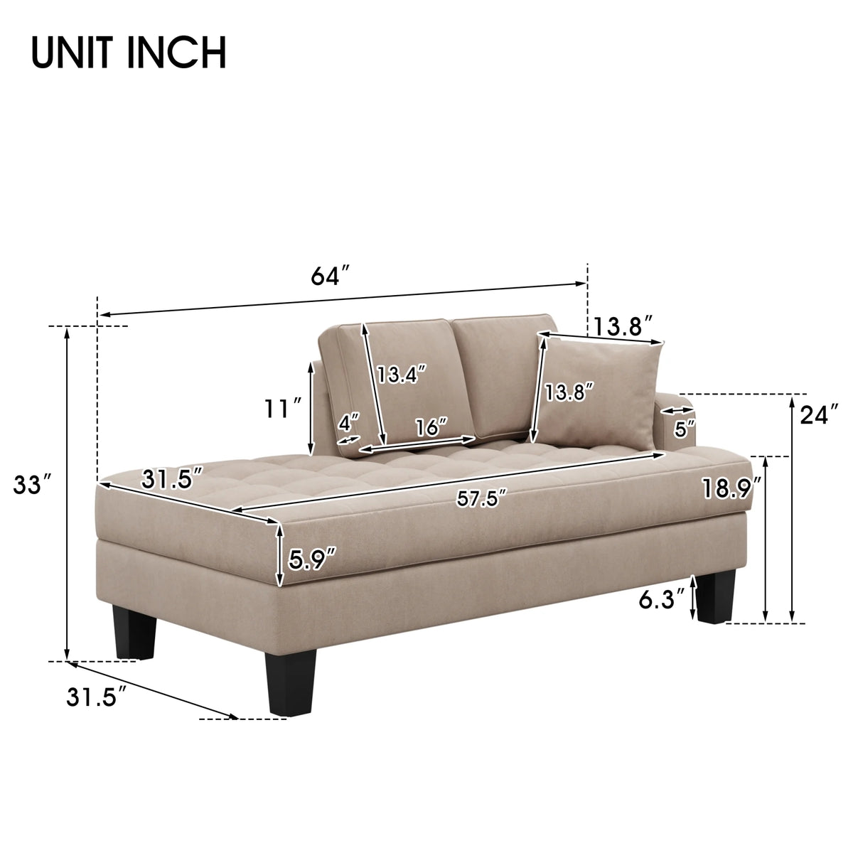 Warm Grey Tufted Fabric Chaise Lounge with Toss Pillow T929593