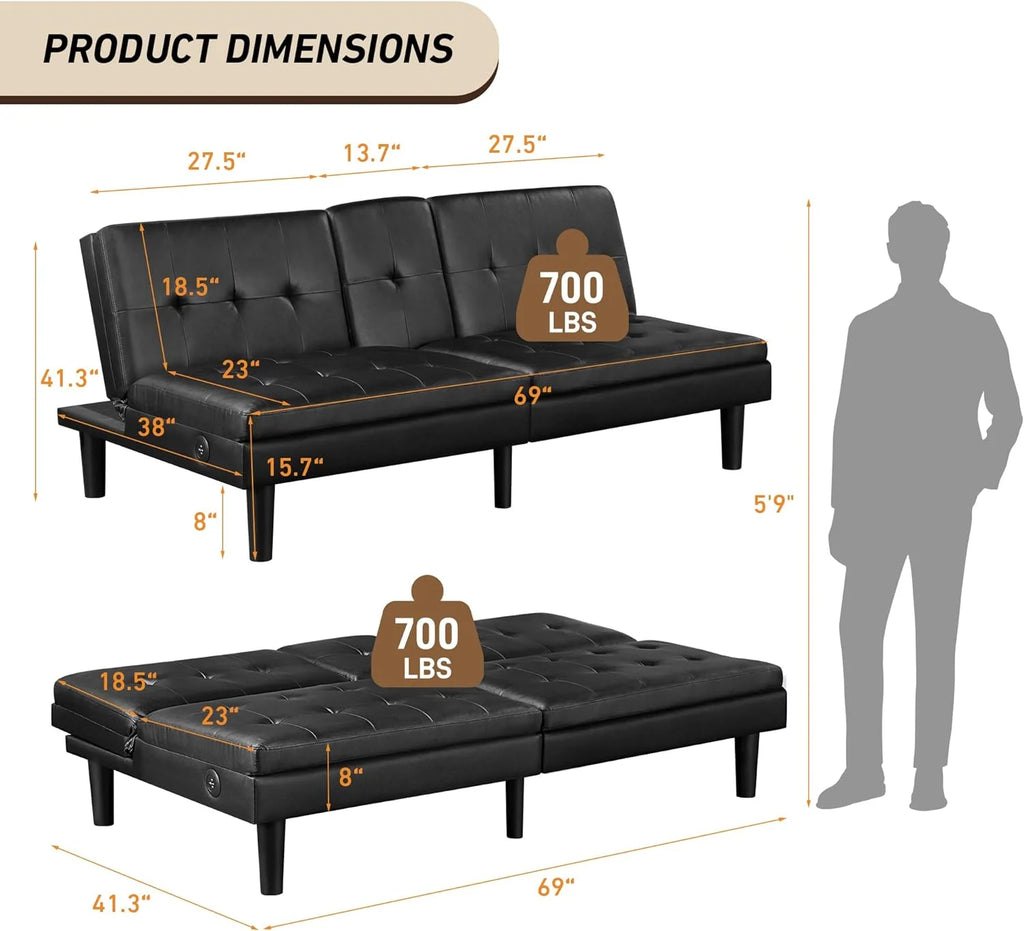 Faux Leather Futon Convertible Sofa Bed with USB & 2 Cupholders L933