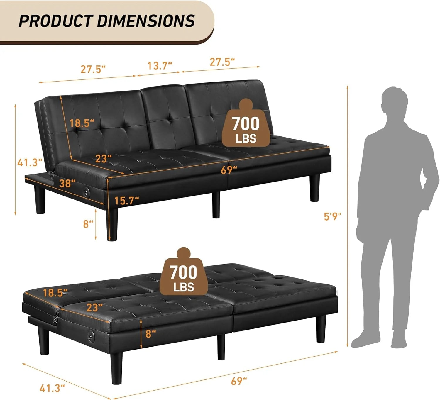 Faux Leather Futon Convertible Sofa Bed with USB & 2 Cupholders L933