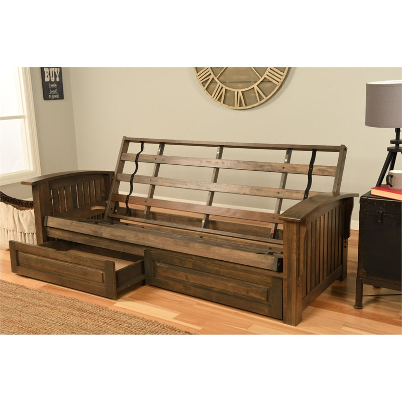 Walnut Futon with Drawers and Linen Gray Mattress J394