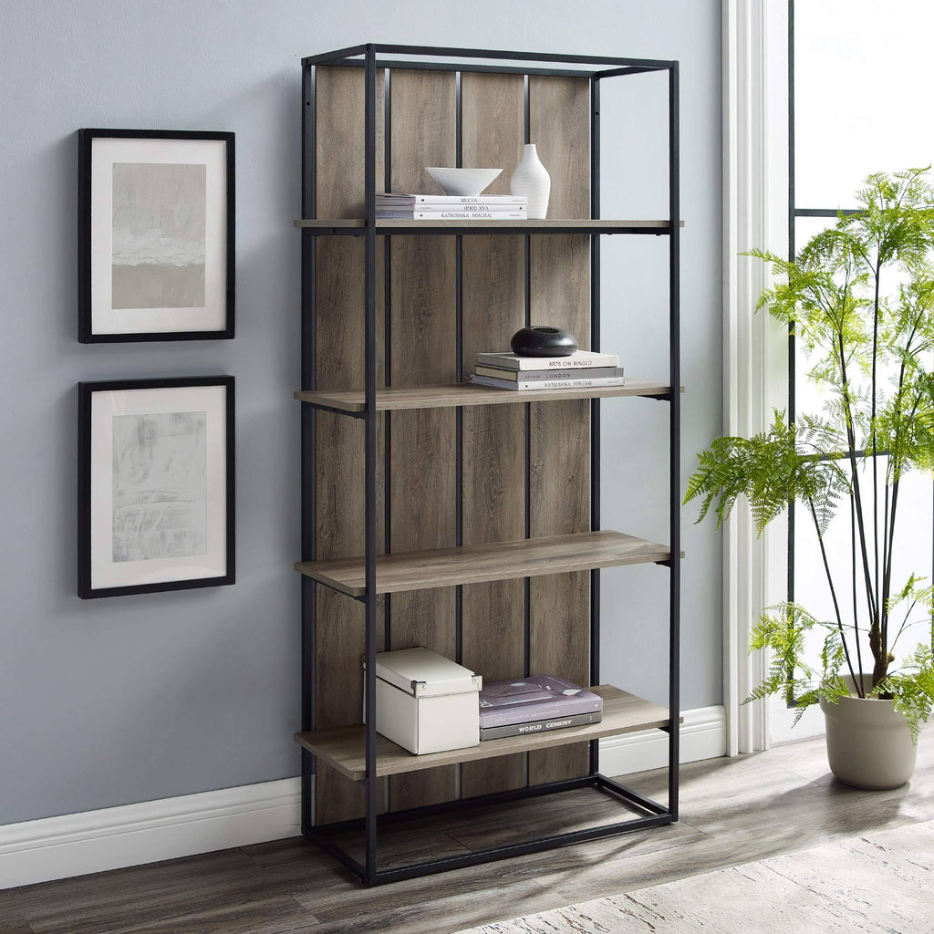 Grey Wash Black Metal Farmhouse Bookcase L92307