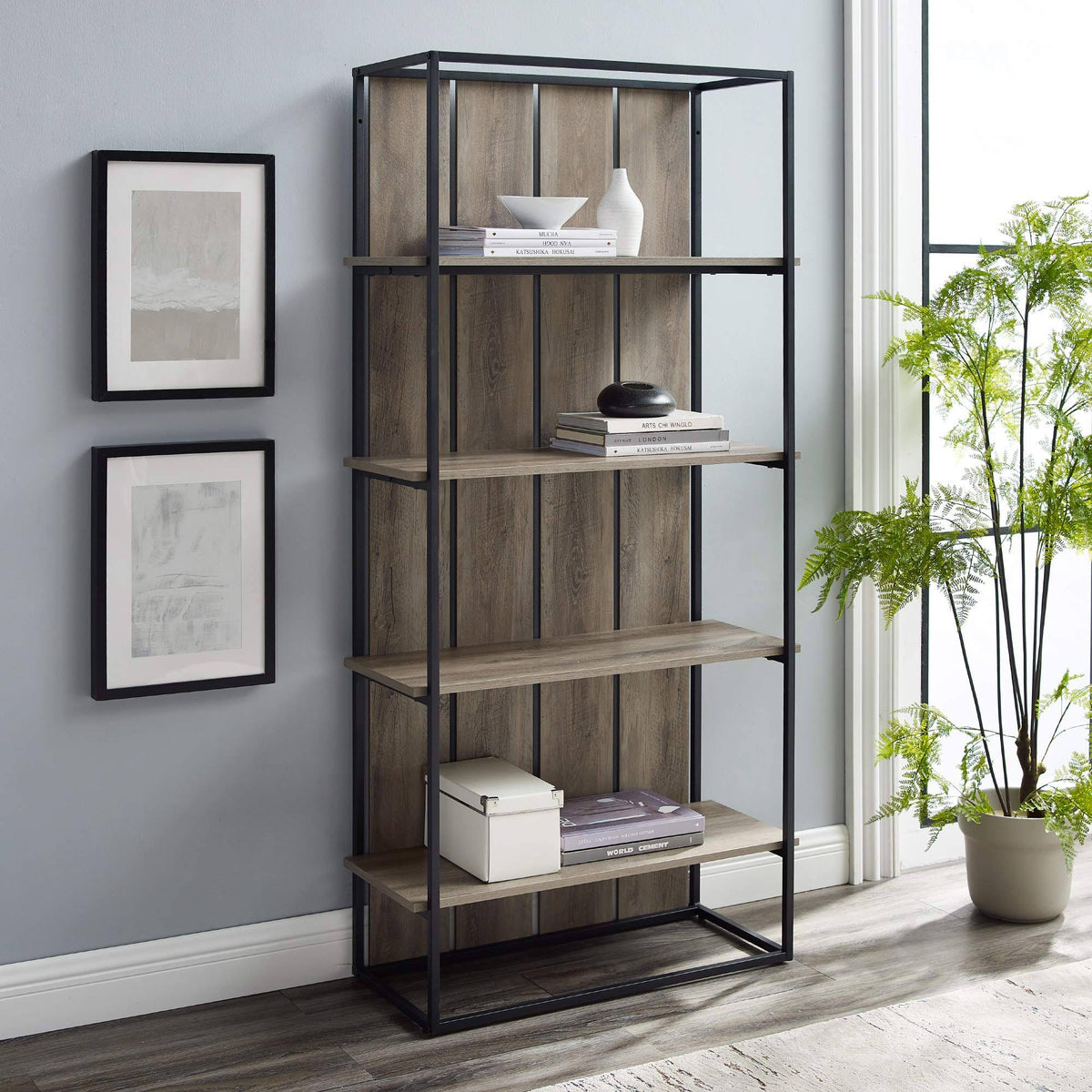 Grey Wash Black Metal Farmhouse Bookcase L92307