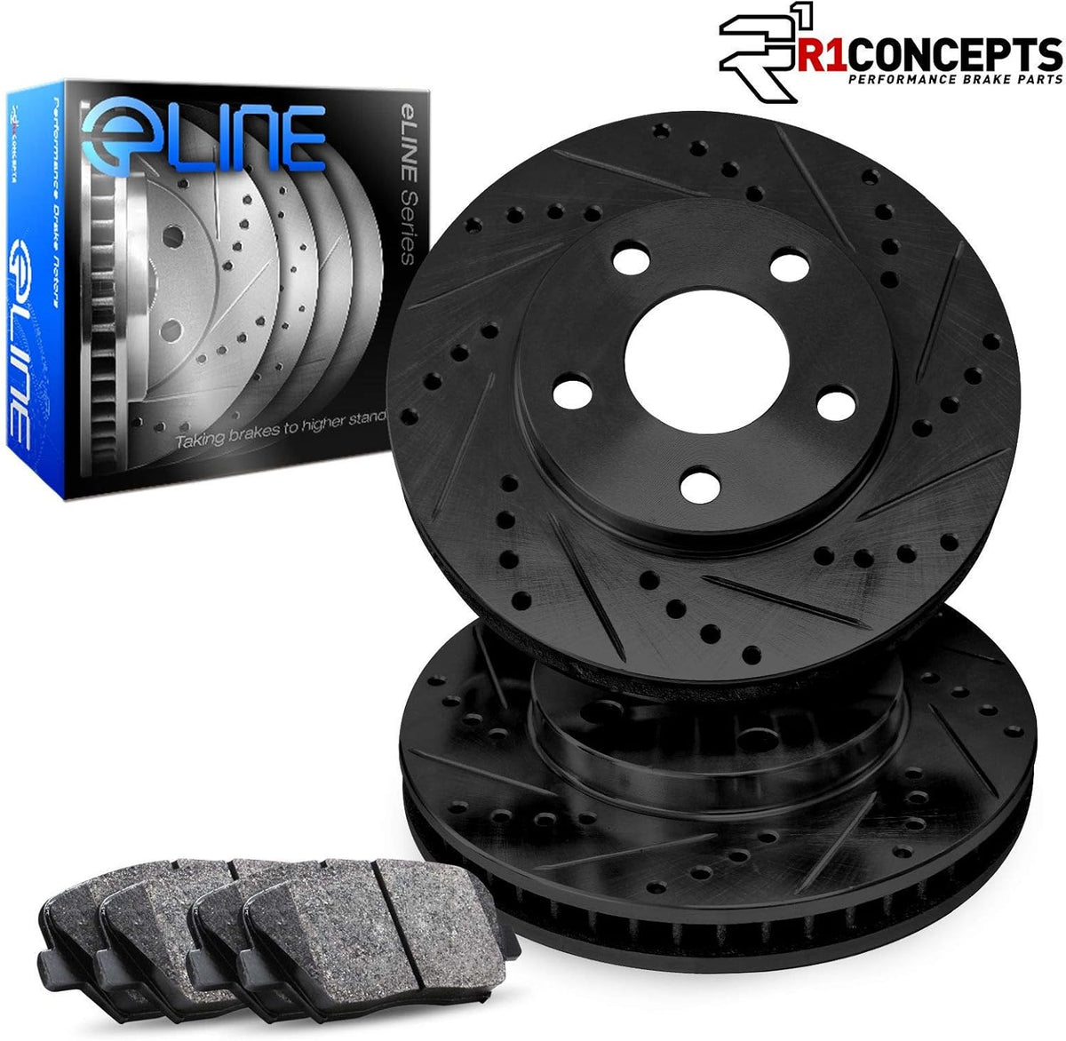 Front Black Drilled and Slotted Brake Rotors with Semi-Metallic Brake Pads R7017